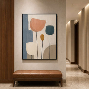 Vertical abstract floral painting along a boutique hotel corridor.