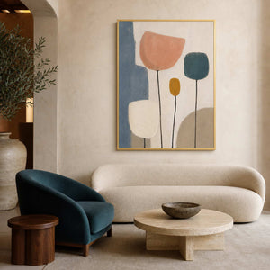 Large minimalist botanical art in a refined hotel lobby.