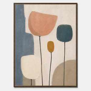 Vertical blush, teal, ochre, and ivory textured floral painting.
