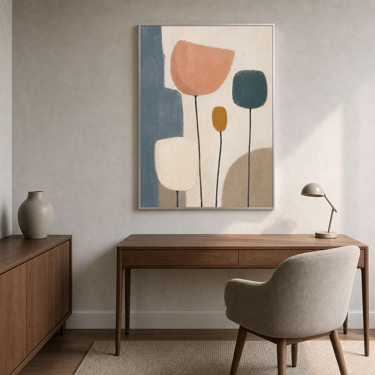 Textured minimalist floral art in a modern creative office.