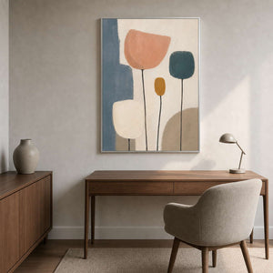 Textured minimalist floral art in a modern creative office.