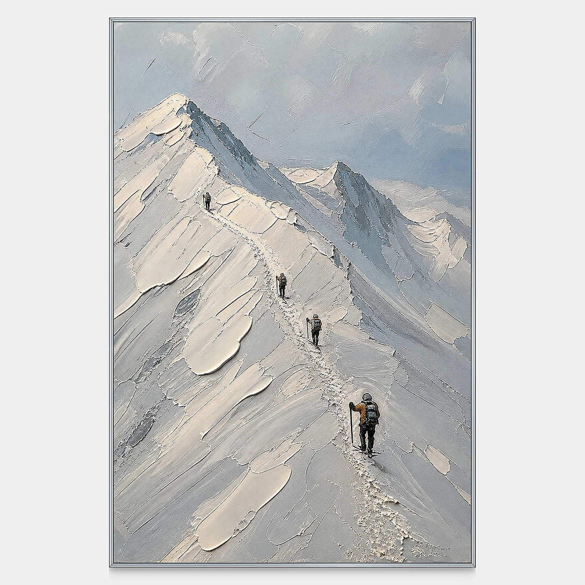 Four climbers follow a snowy alpine ridge beneath blue-gray mountain peaks.