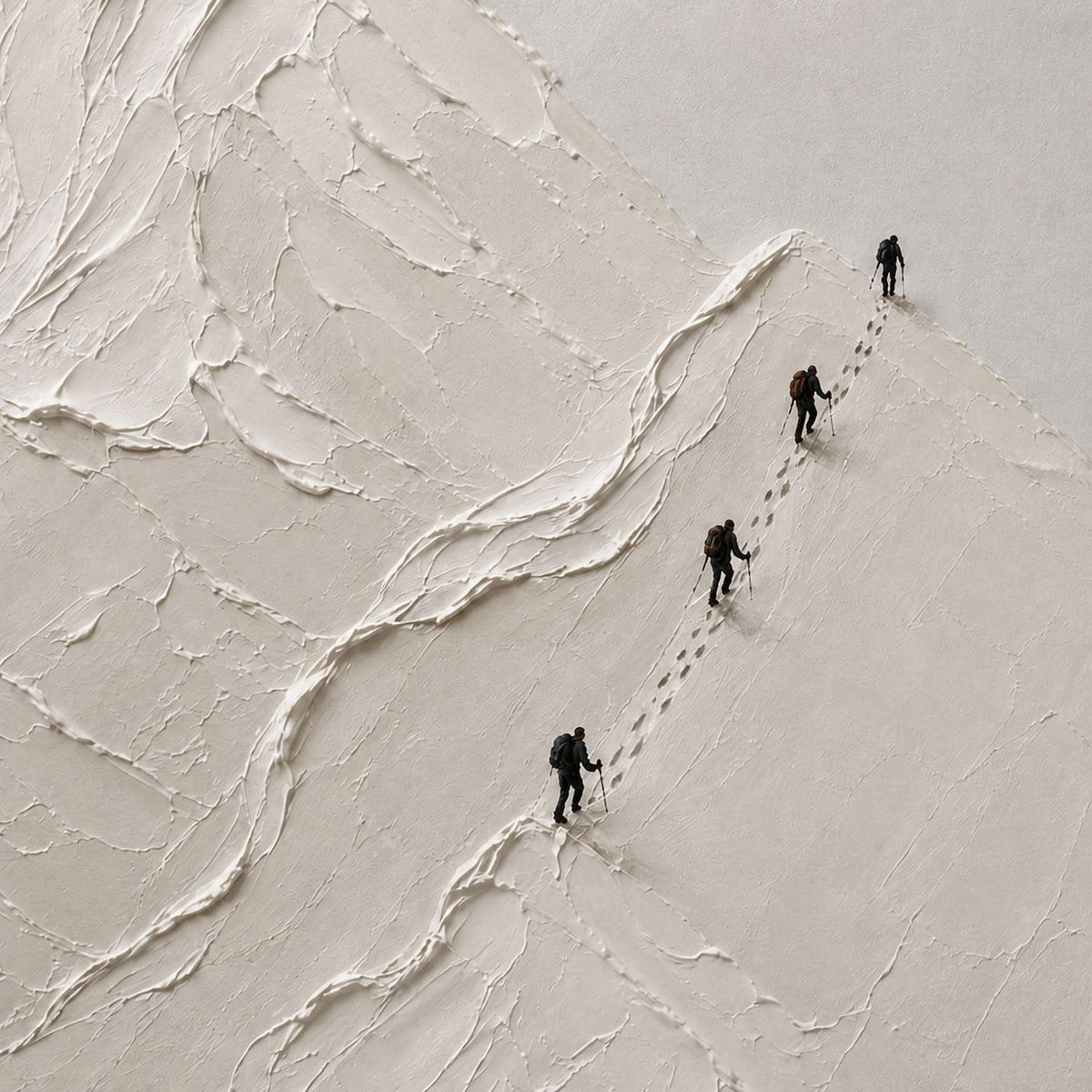 Close-up of tiny climbers and thick sculpted snow-peak texture.