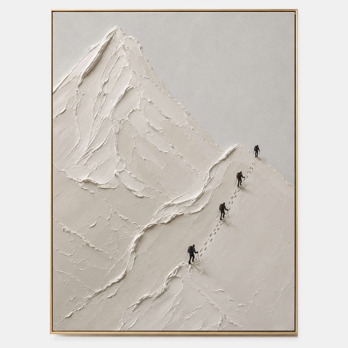 Four climbers ascending sculpted white mountain ridges in a vertical composition.