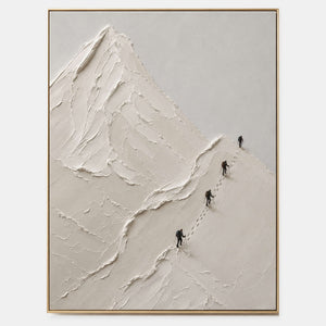 Four climbers ascending sculpted white mountain ridges in a vertical composition.