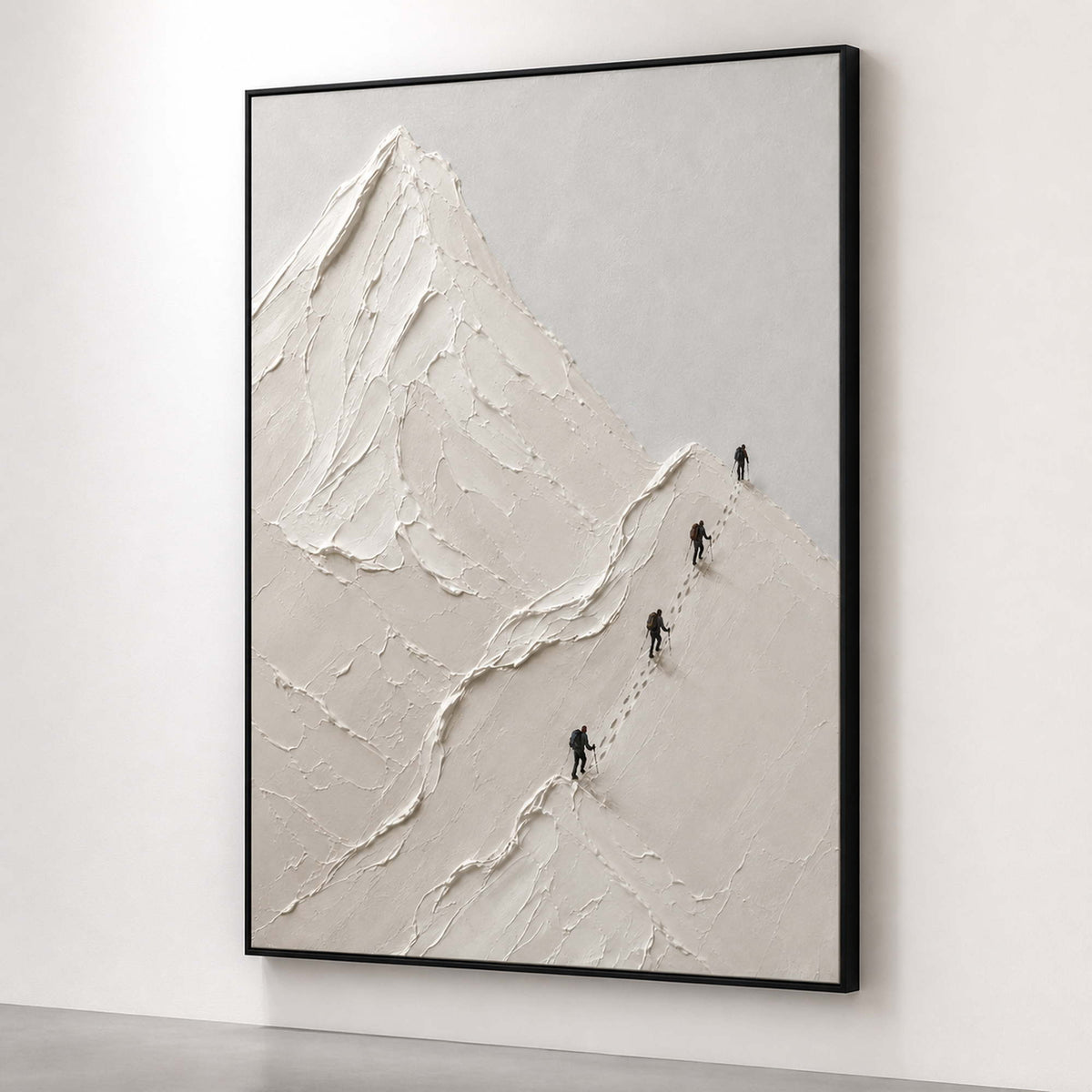 Vertical mountain wall art viewed close-up on a white gallery wall.