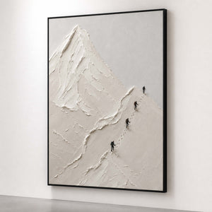 Vertical mountain wall art viewed close-up on a white gallery wall.