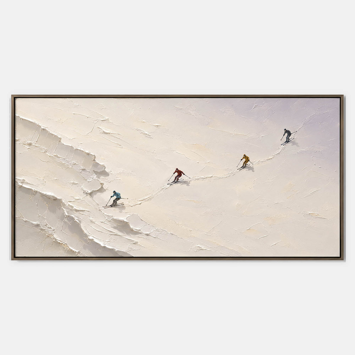 Four Skiers Crossing: four skiers crossing an open ivory-white slope, shown in a full artwork view.