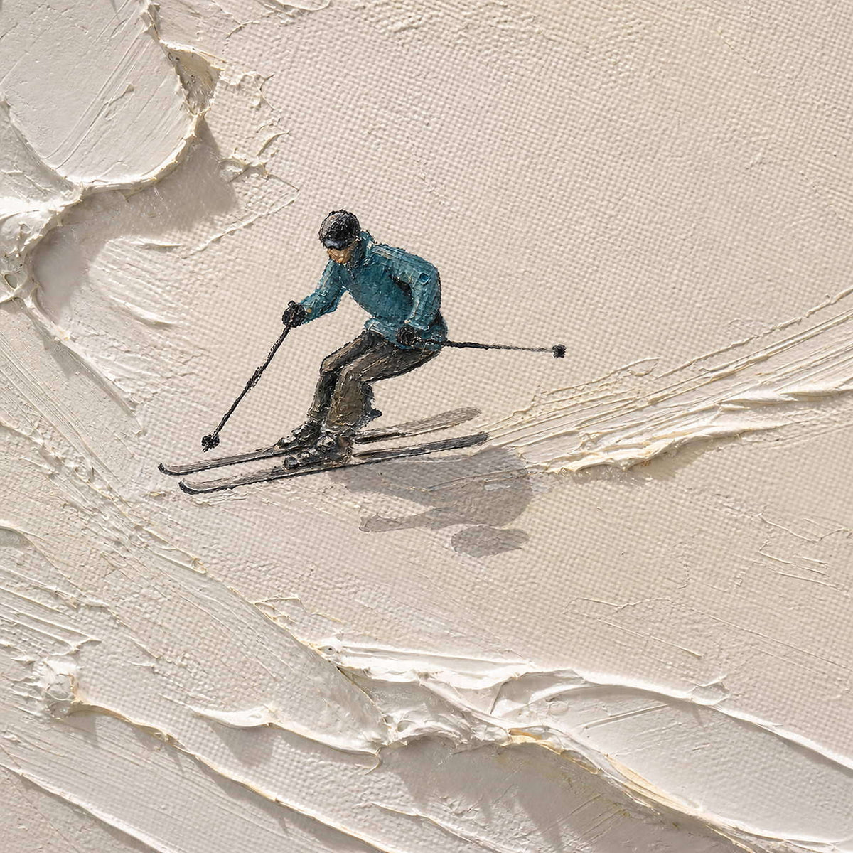 Detail of Four Skiers Crossing, showing the four skiers and raised snow ridges.