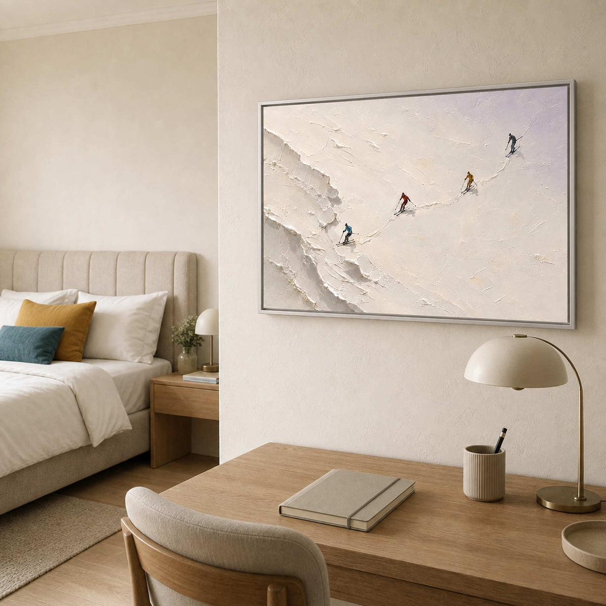 Textured Skiing Wall Art displayed in a refined bedroom.