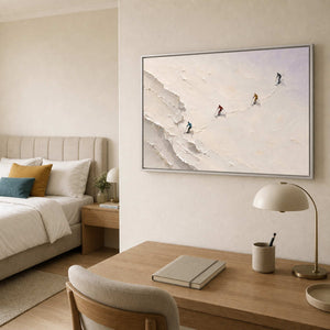 Textured Skiing Wall Art displayed in a refined bedroom.