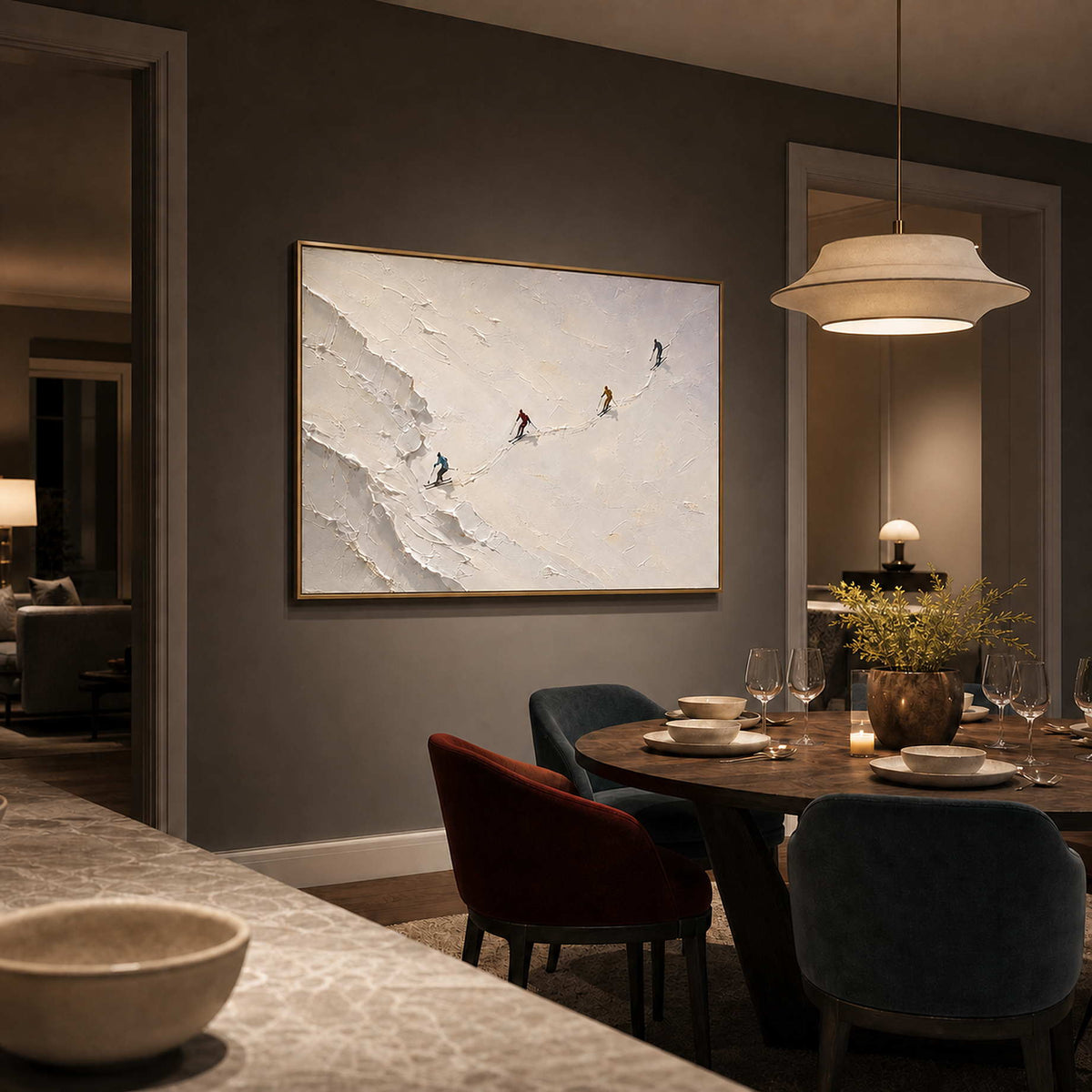 Textured Skiing Wall Art displayed in a refined dining room.