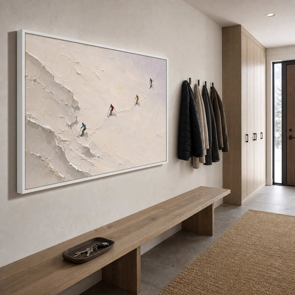Textured Skiing Wall Art displayed in a refined entryway ski room.