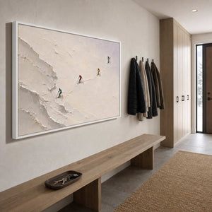 Textured Skiing Wall Art displayed in a refined entryway ski room.