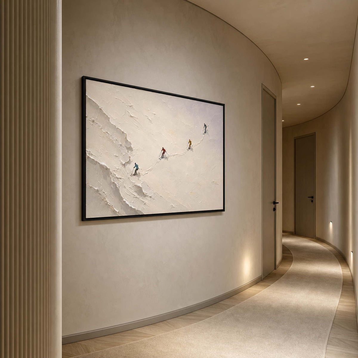 Textured Skiing Wall Art displayed in a refined entryway.