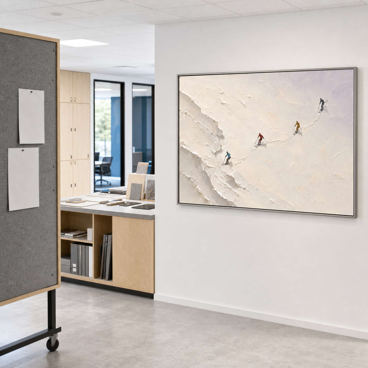 Textured Skiing Wall Art displayed in a refined office.