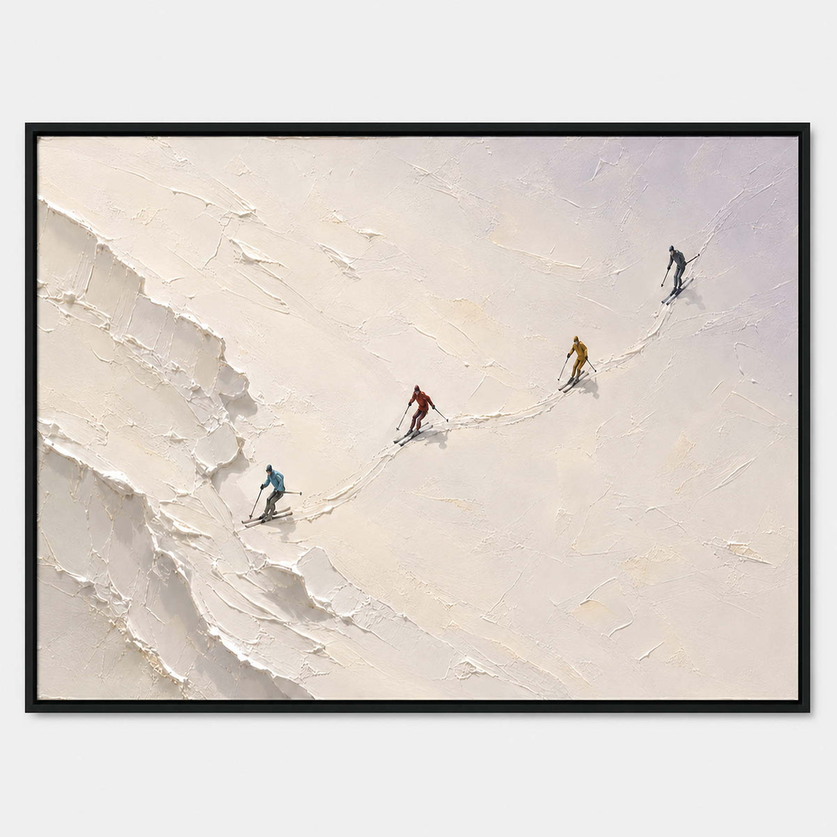 Hand-painted textured skiing wall art in white, neutral, and warm tones.