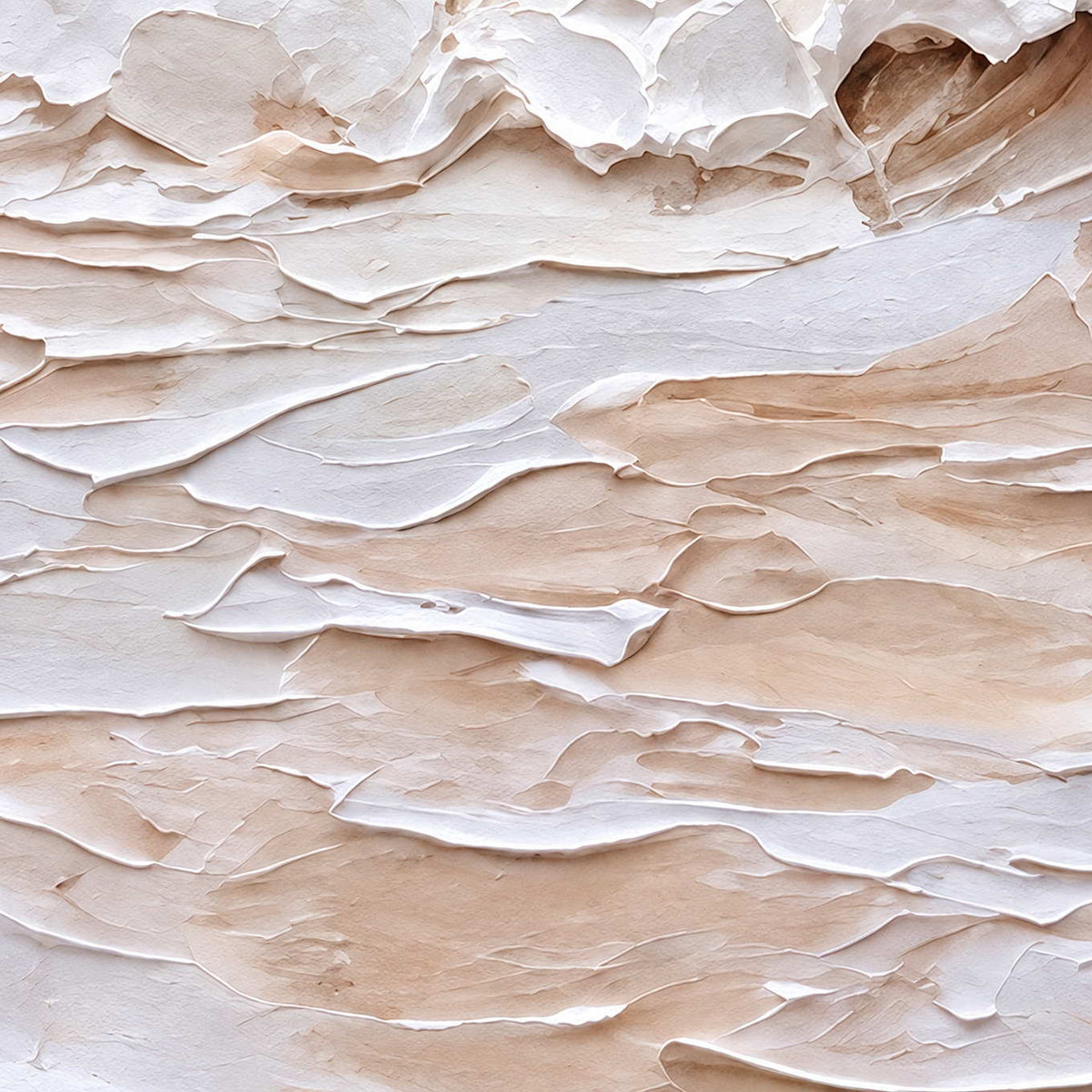 Close-up of Free as the Sea showing layered white foam and soft peach-beige paint ridges along the shore.