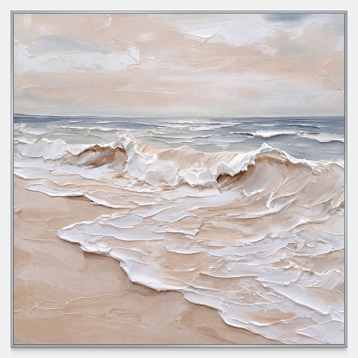 Front view of Free as the Sea, showing a pale peach sky, blue-gray horizon and curling white surf along a soft sandy foreground.