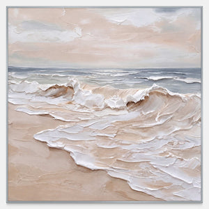 Front view of Free as the Sea, showing a pale peach sky, blue-gray horizon and curling white surf along a soft sandy foreground.