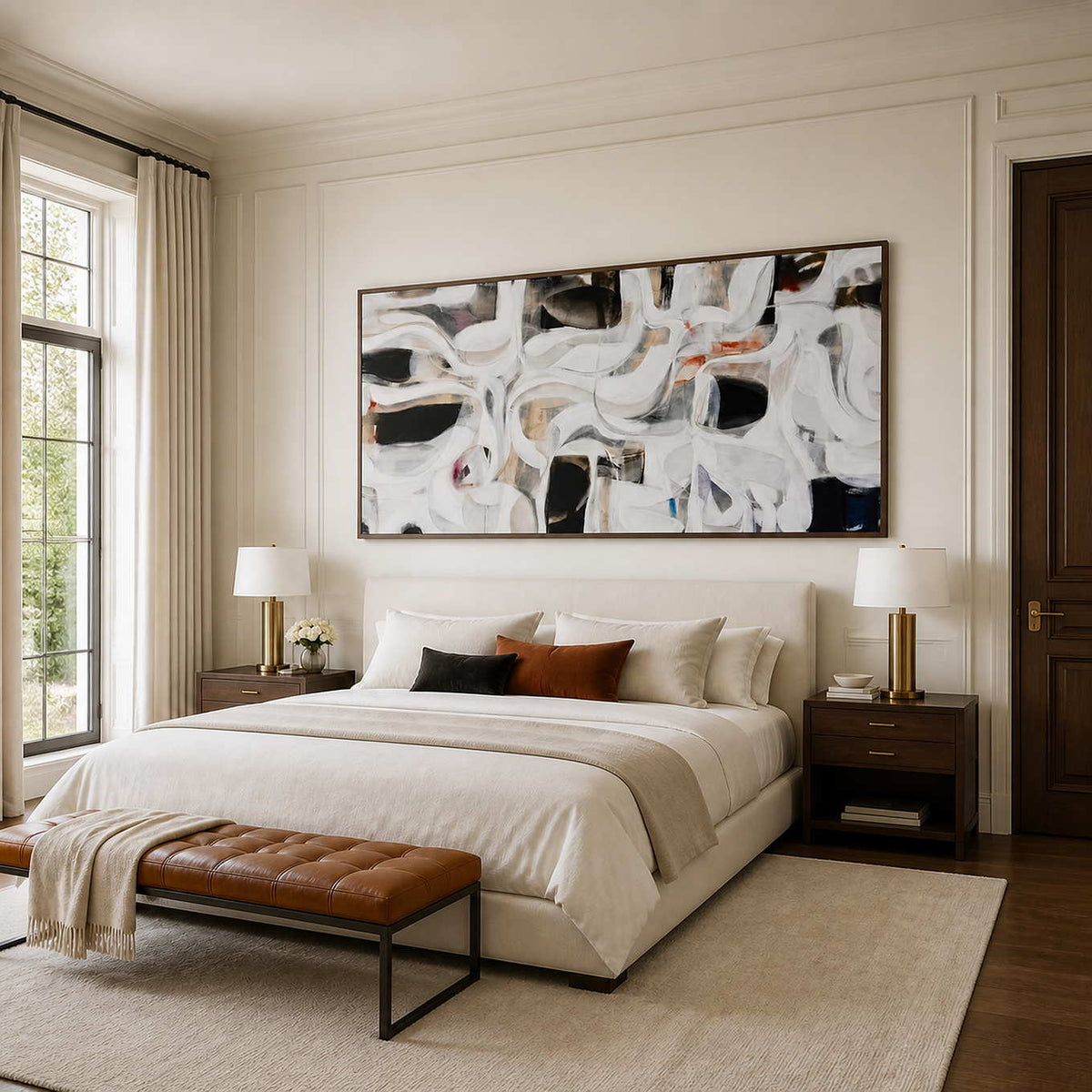 Wood framed panoramic abstract artwork above a cream bed with contrasting accent cushions.
