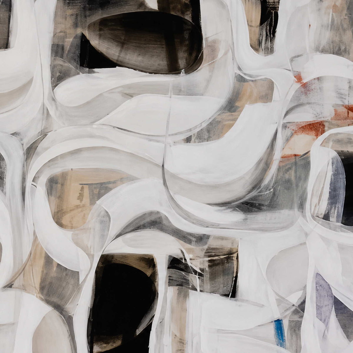 Close view of broad white curves overlapping translucent grey washes and dark openings.