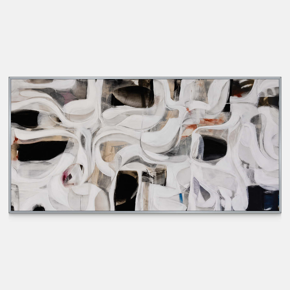 Panoramic abstract artwork with sweeping white curves, black openings, and subtle earthy accents.
