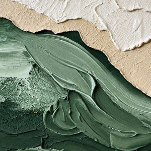 Close-up of Free to Wander revealing broad sage paint sweeps, grainy green patches and raised cream and sand-colored edges.