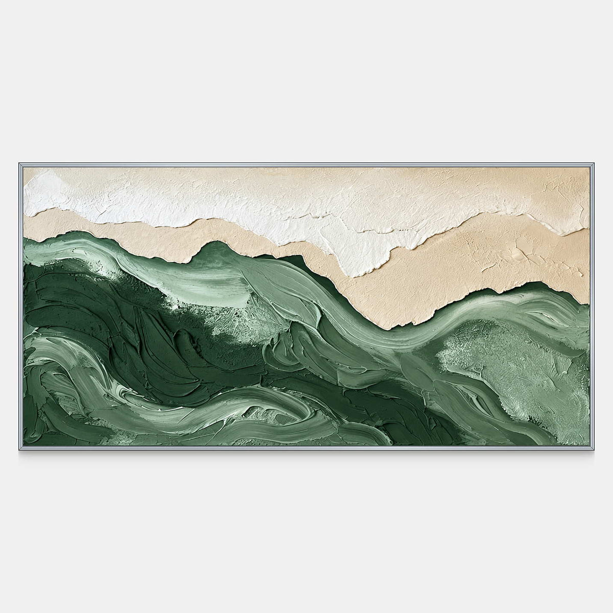 Front view of Free to Wander, deep forest green and pale sage curves beneath irregular cream and sand-colored layers.