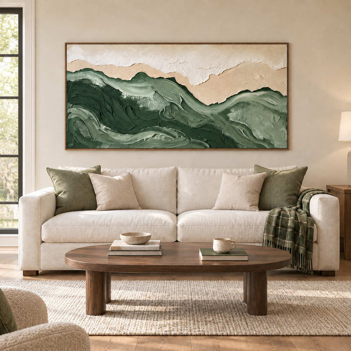 Free to Wander in a wood frame above a cream sofa with sage cushions and an oval wood coffee table.