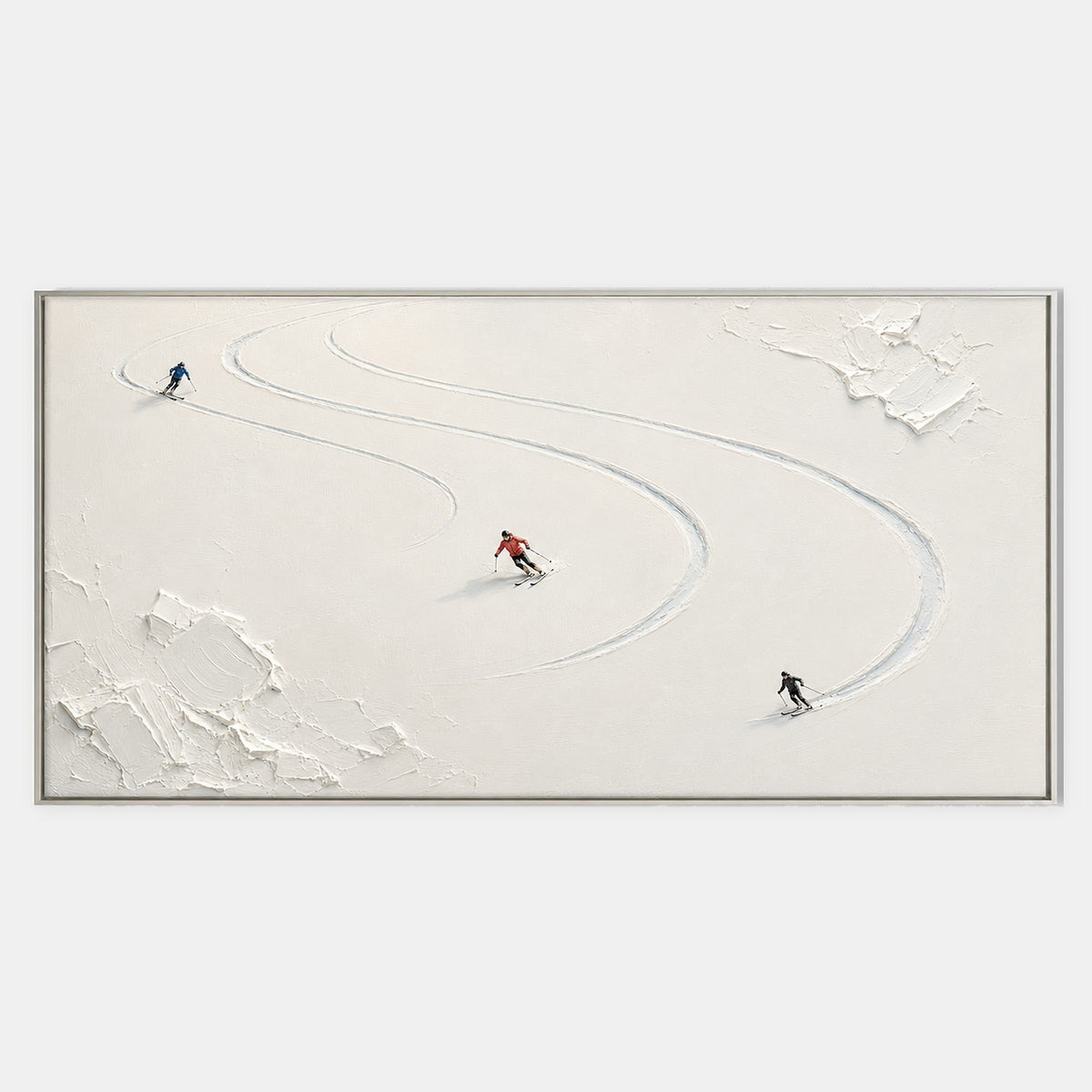 Fresh Snow Follows: three skiers tracing curved tracks through fresh white snow, shown in a full artwork view.