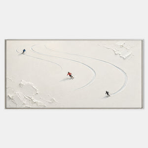 Fresh Snow Follows: three skiers tracing curved tracks through fresh white snow, shown in a full artwork view.