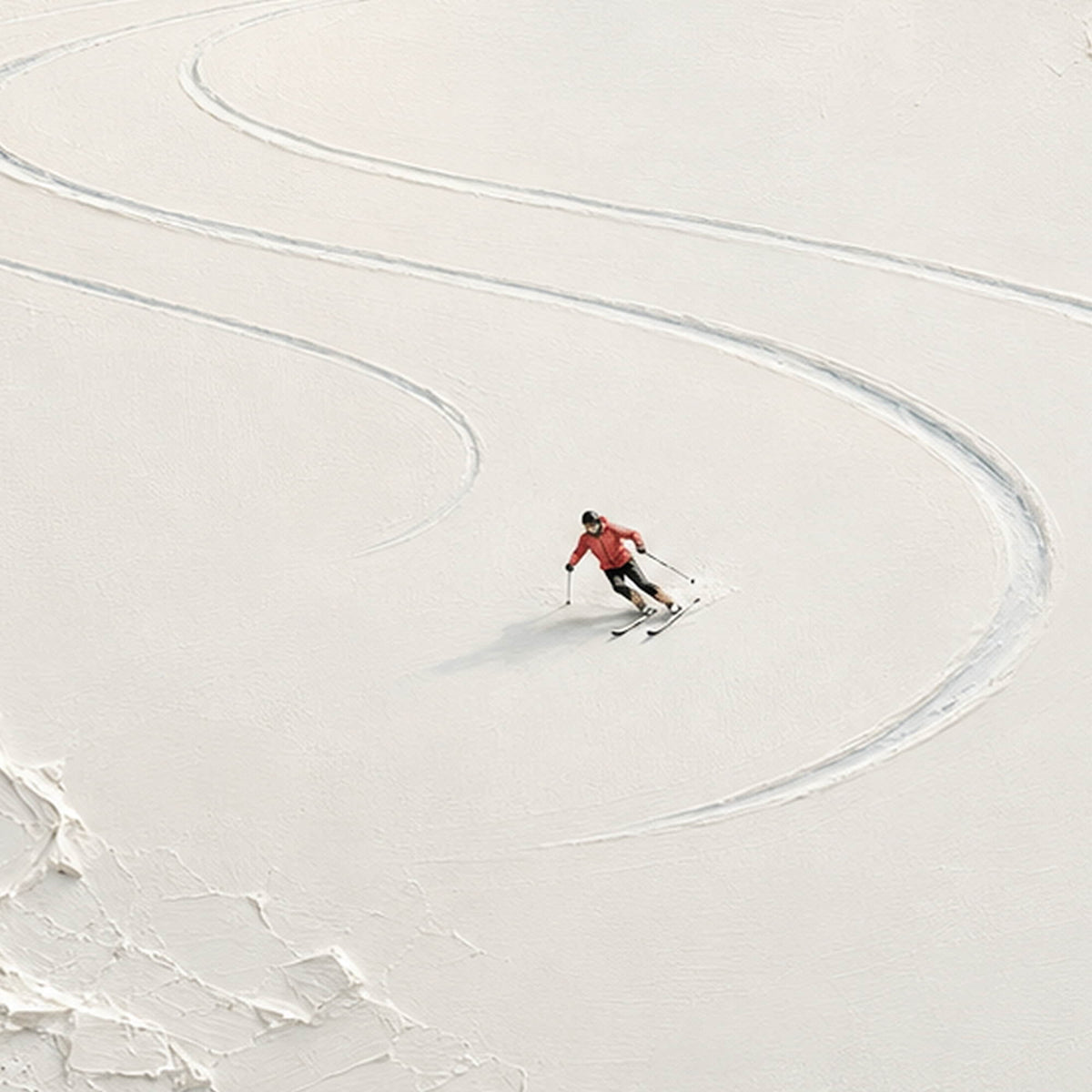 Detail of Fresh Snow Follows, showing the small skiers and sweeping tracks in the snow.