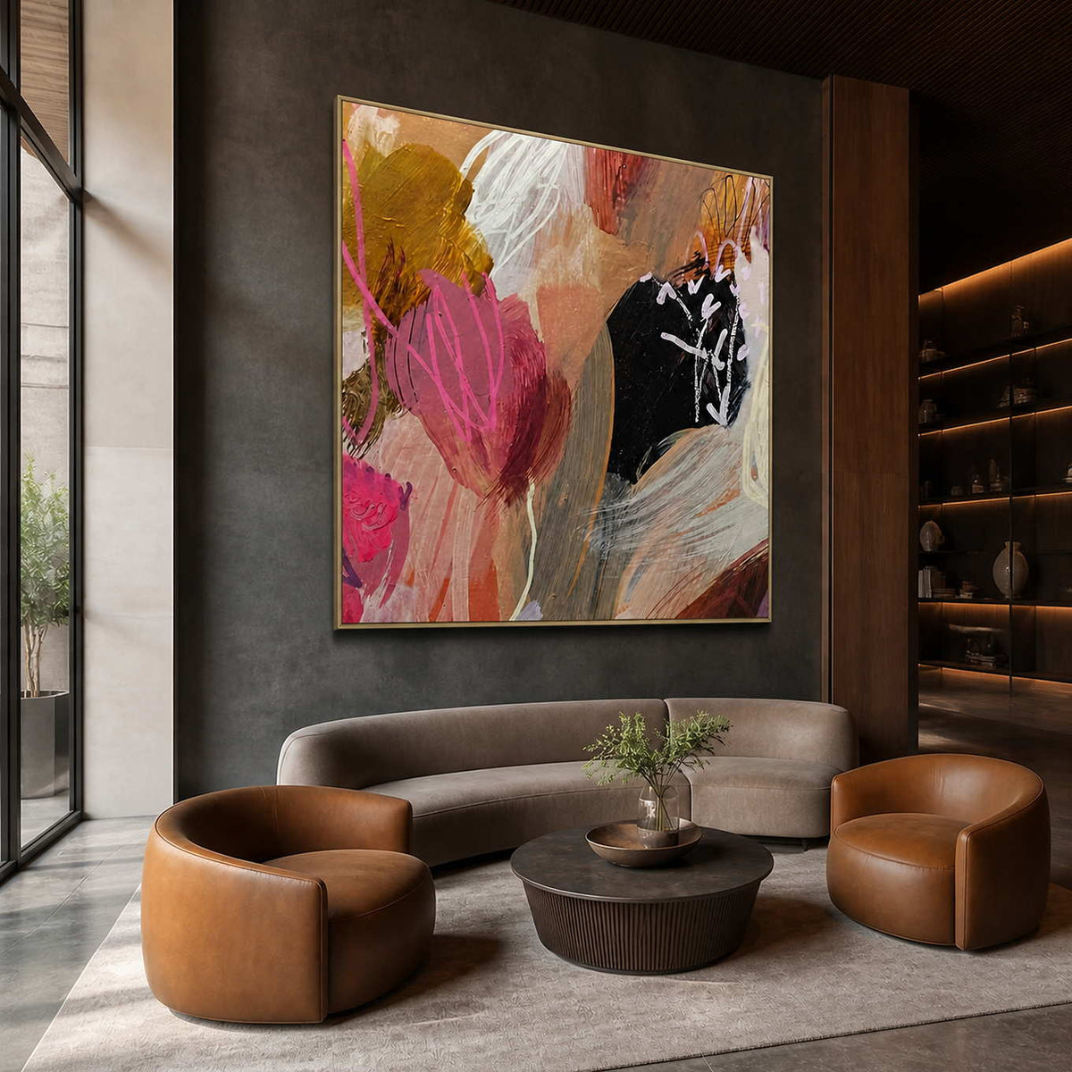 Gold framed pink and ochre abstract painting above seating in a boutique hotel lobby.