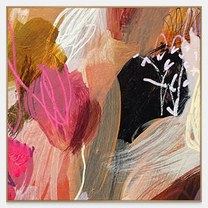 Square abstract painting with pink loops, peach gestures, ochre patches, and black contrast.