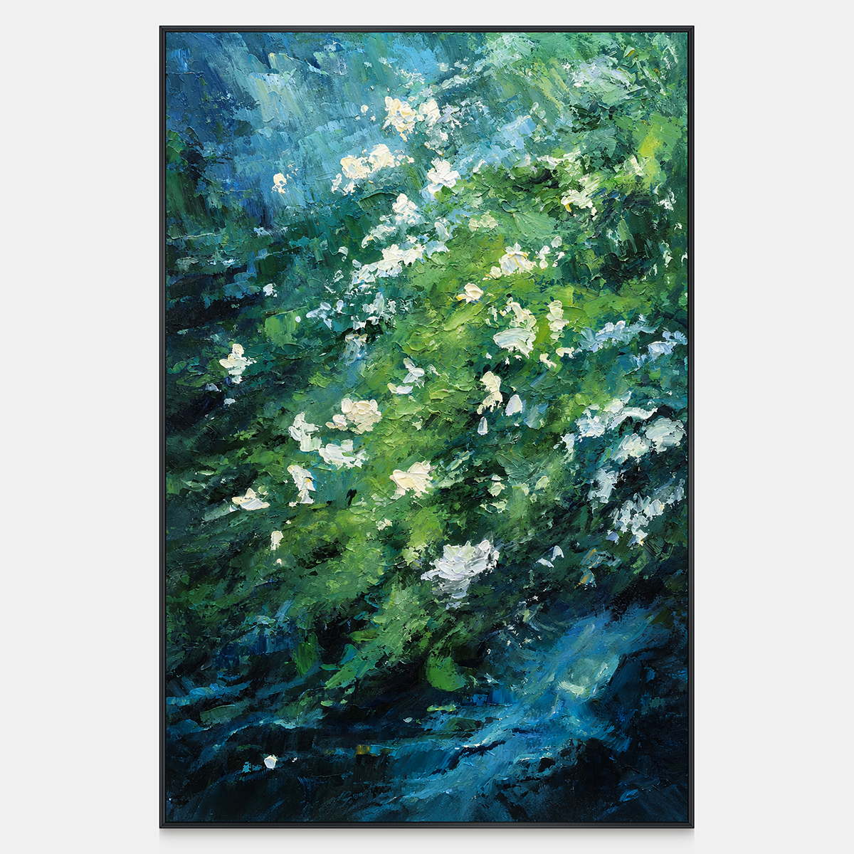 Front view of small white flowers among diagonal layers of green and deep blue strokes, with a black frame.