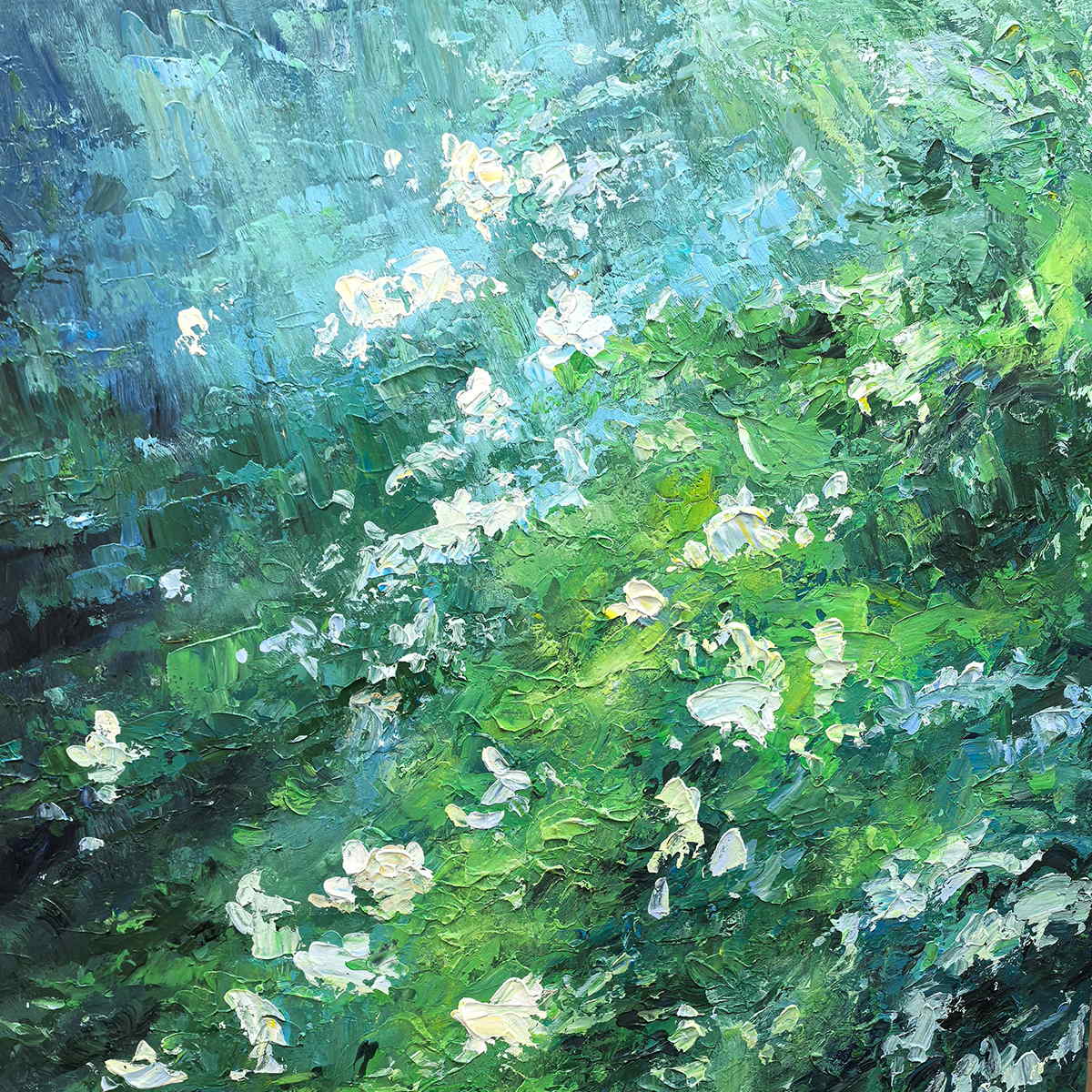 Upper detail with pale blue strokes, light green patches and scattered white flowers.
