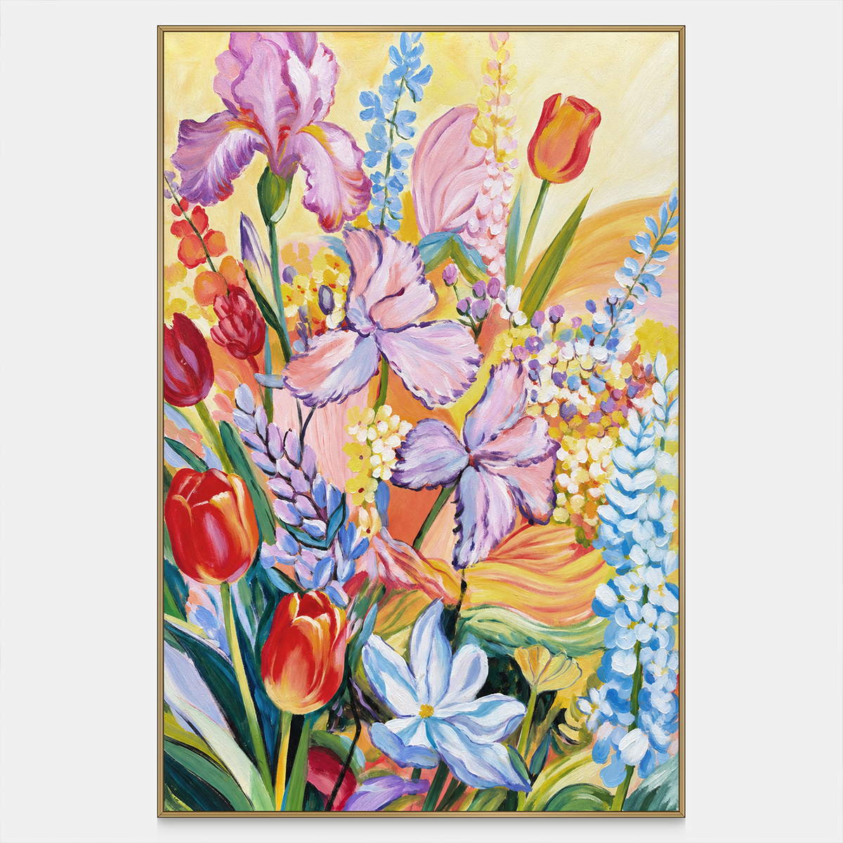 Front view of purple flowers, red cup-shaped blooms and blue-white sprays on yellow, with a gold-colored frame.