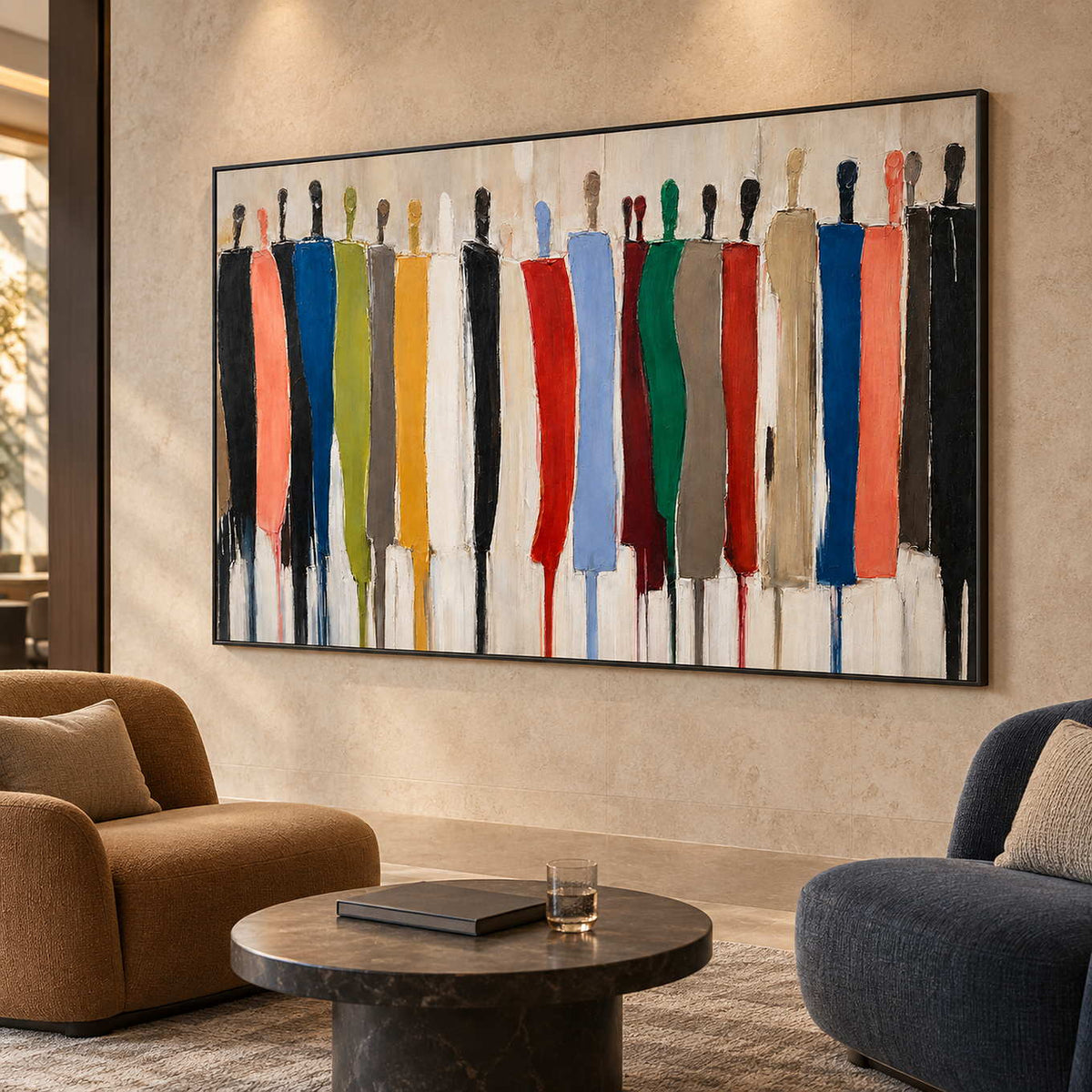 Horizontal figurative painting above a round coffee table between ochre and navy lounge chairs.