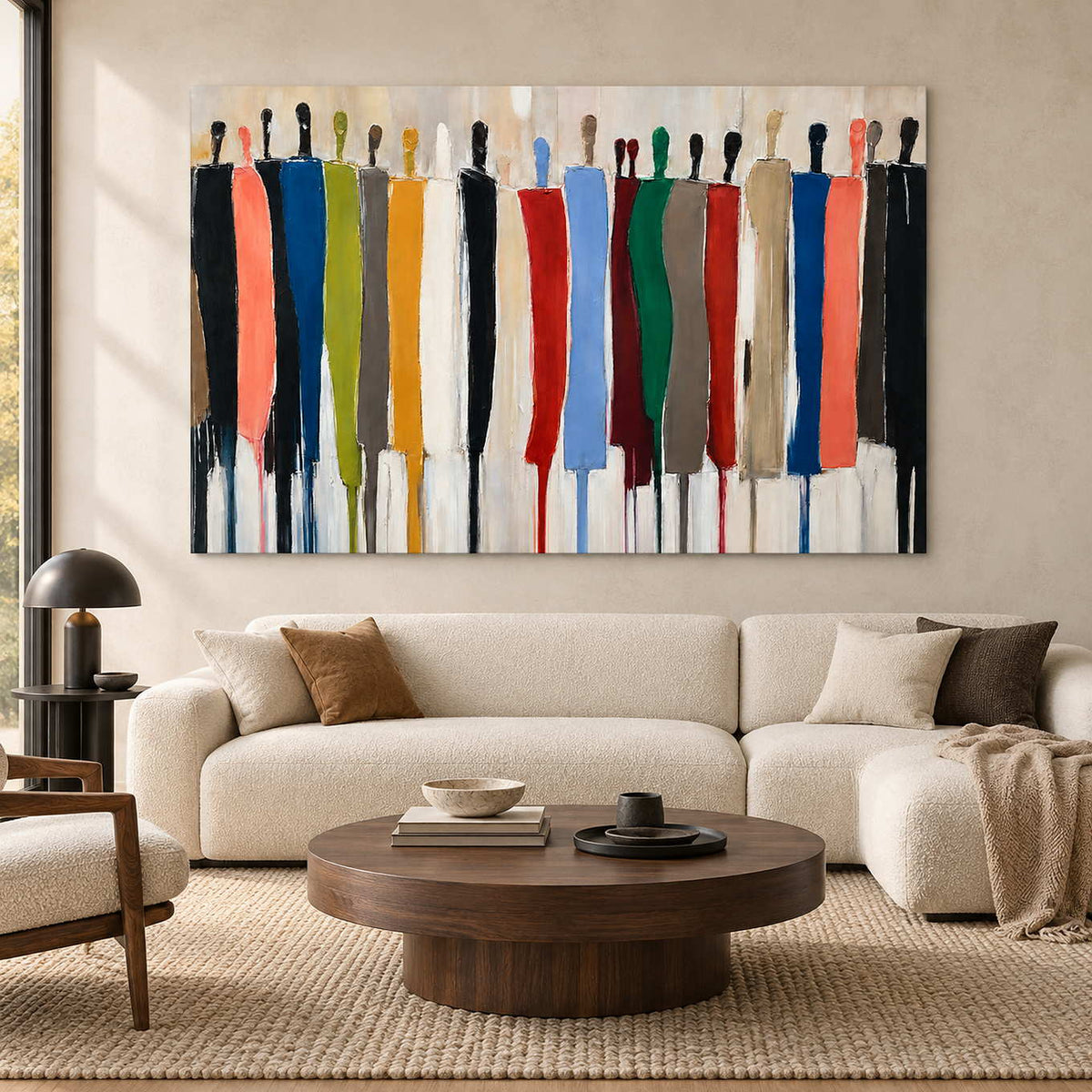 Colorful abstract figure painting above a cream sofa and round dark wood coffee table.