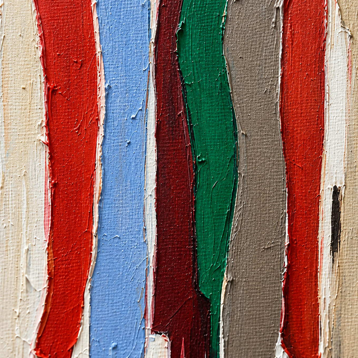 Detail of red, pale blue, burgundy, green, and gray vertical figures with textured edges.