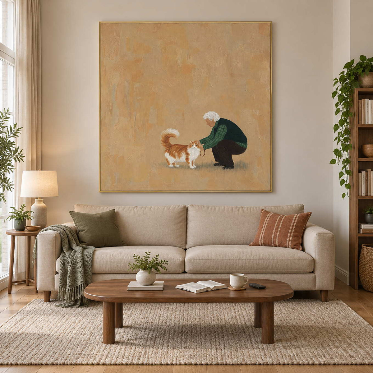 Gentle Affection in a gold frame above a neutral sofa in a warm living room with wood furniture.