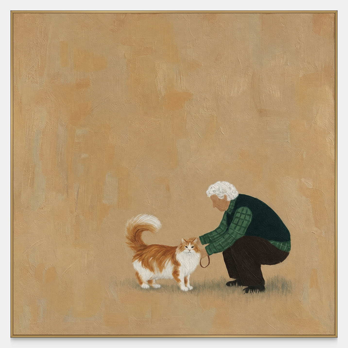 Front view of Gentle Affection, showing a white-haired figure crouching beside an orange-and-white cat against an open ochre background.