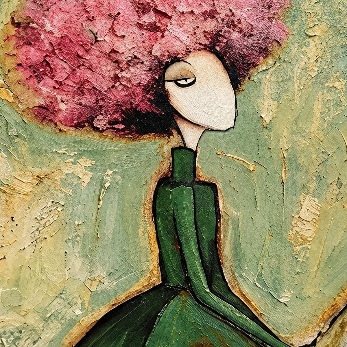 Close-up of Gentle Company showing cloudlike textured pink hair, a pale face and a green dress against mottled sage and ochre.