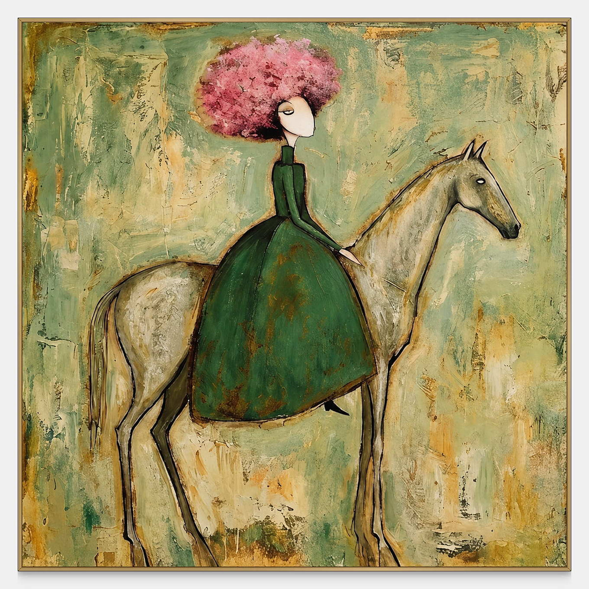 Front view of Gentle Company, a green-dressed rider with cloudlike pink hair on a pale horse against soft green and ochre texture.
