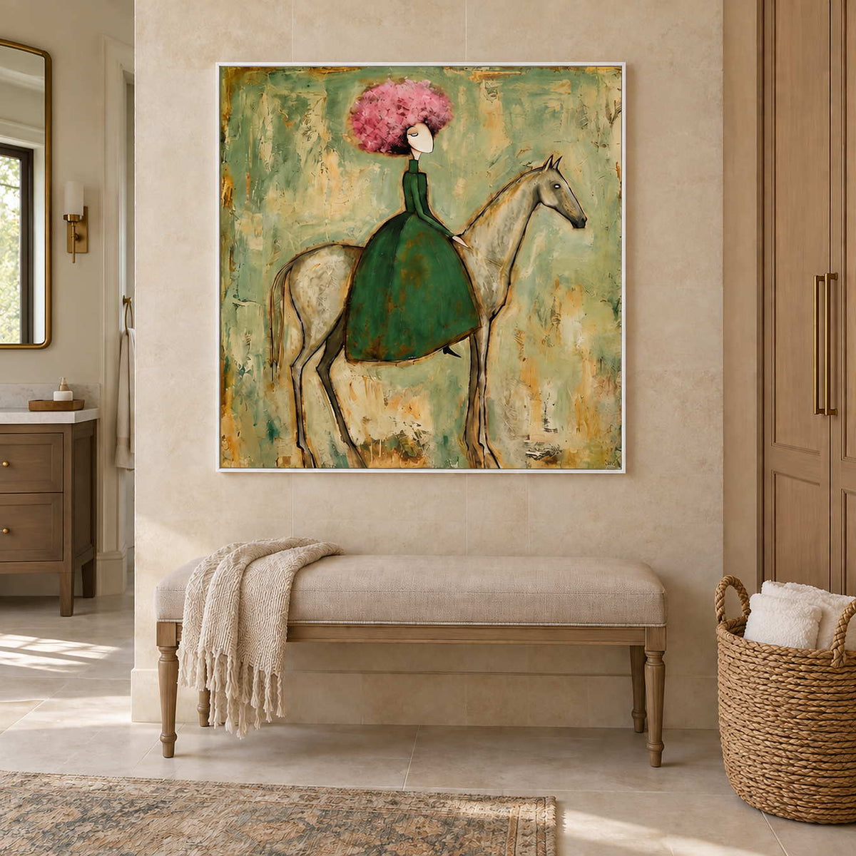 Gentle Company in a white frame above a cream bench with a draped towel beside a bathroom doorway and woven basket.