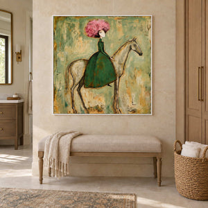 Gentle Company in a white frame above a cream bench with a draped towel beside a bathroom doorway and woven basket.