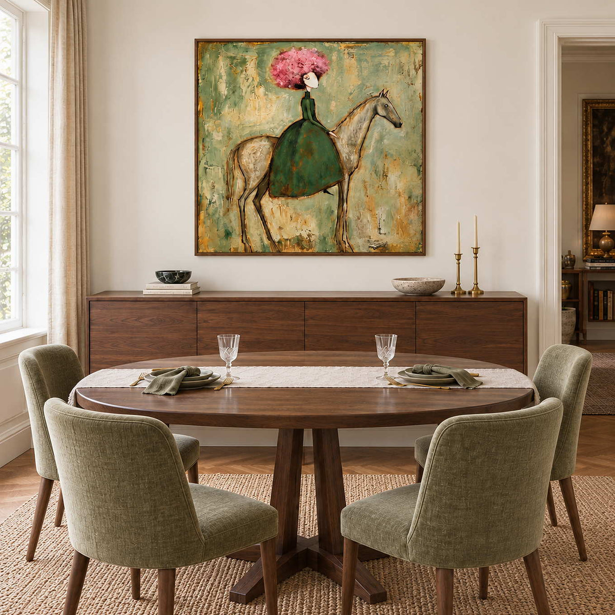 Gentle Company in a wood frame above a dark sideboard beside an oval dining table and green upholstered chairs.