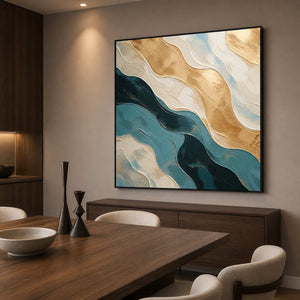 Deep blue and gold abstract painting in a refined dining room.