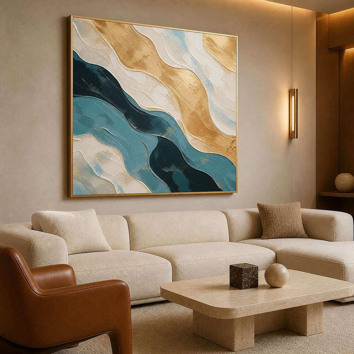 Textured blue and gold canvas in a boutique hotel lounge.